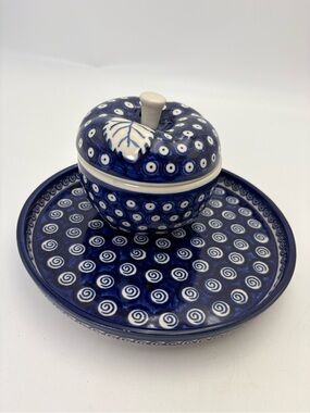 Vintage Polish Pottery Hand-Painted Ceramic Apple Baking Dish with Round Tray